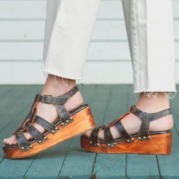 NWT Bed Stu | Fabiola Platform Wedge Sandals in Black Lux Size 7.5 - Picture 2 of 13